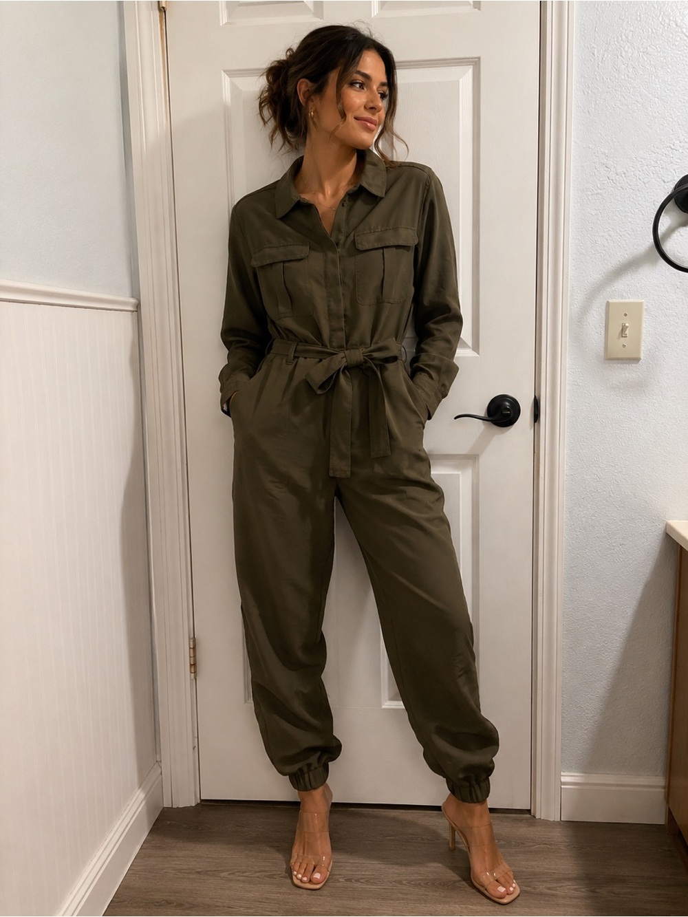 H&M Olive Green Utility Tie-Waist Jumpsuit
